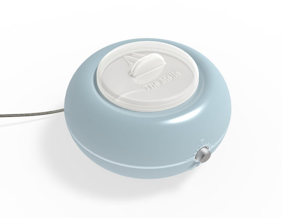 Top view of light blue 14 oz professional Mella wax burner with dial and lid shown